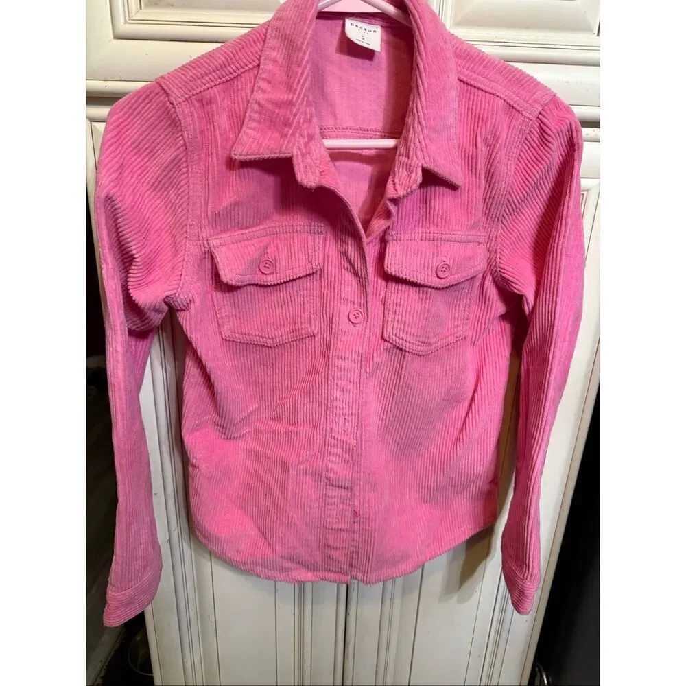 PacSun Kids Corduroy Collared Button Front Long Sleeve Shacket Pink Size Large